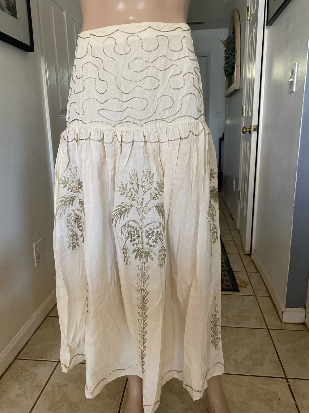 Pranella Pia Embroidered Cream Maxi Skirt with Olive Detail